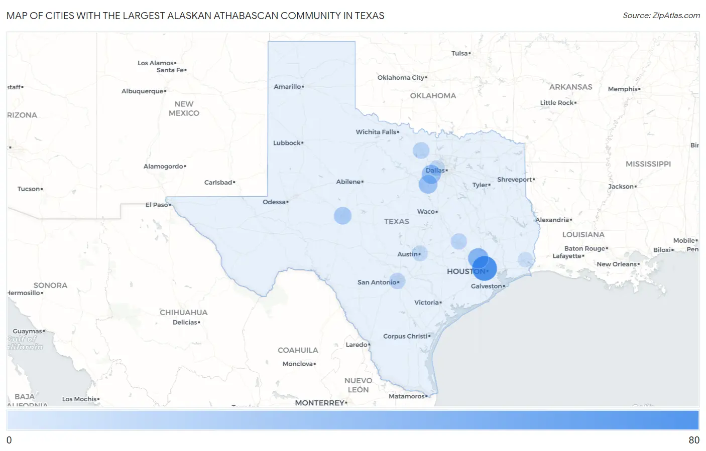 Cities with the Largest Alaskan Athabascan Community in Texas Map