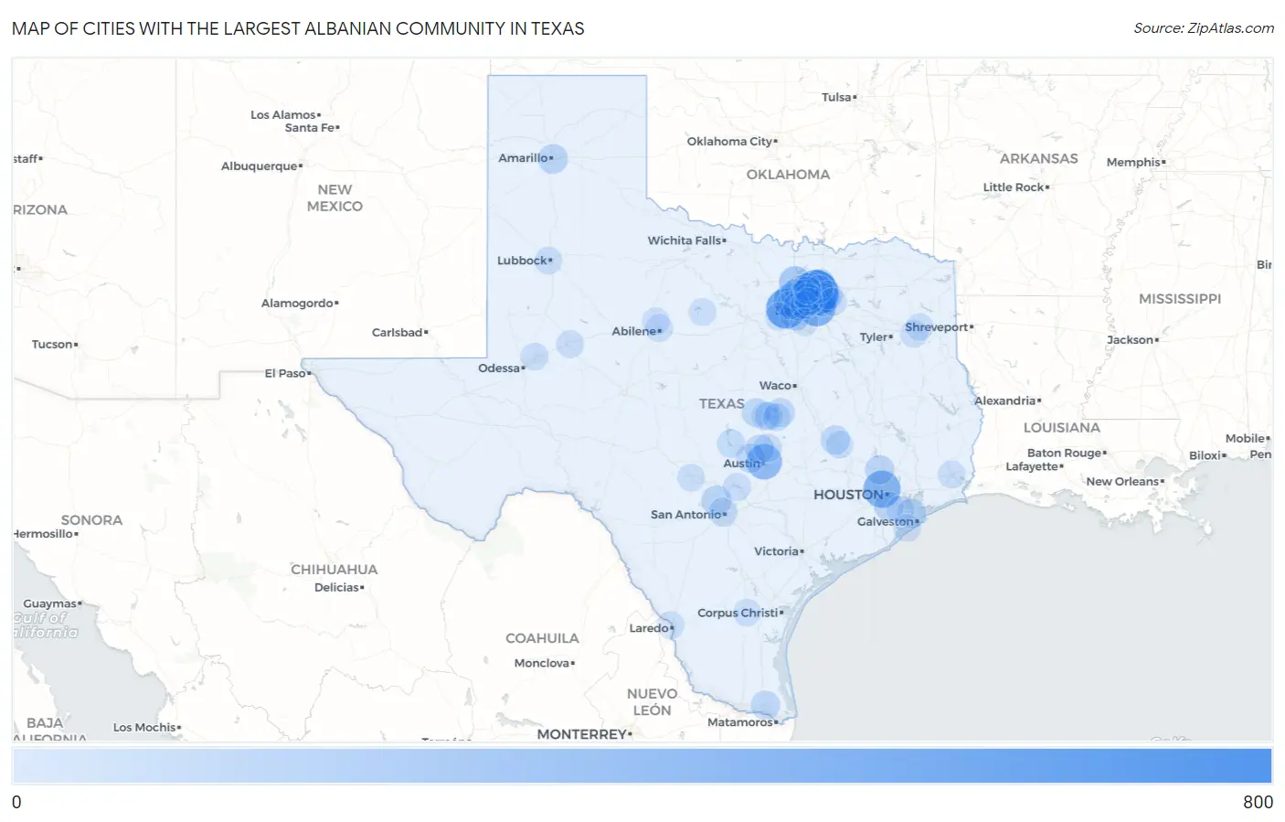 Cities with the Largest Albanian Community in Texas Map