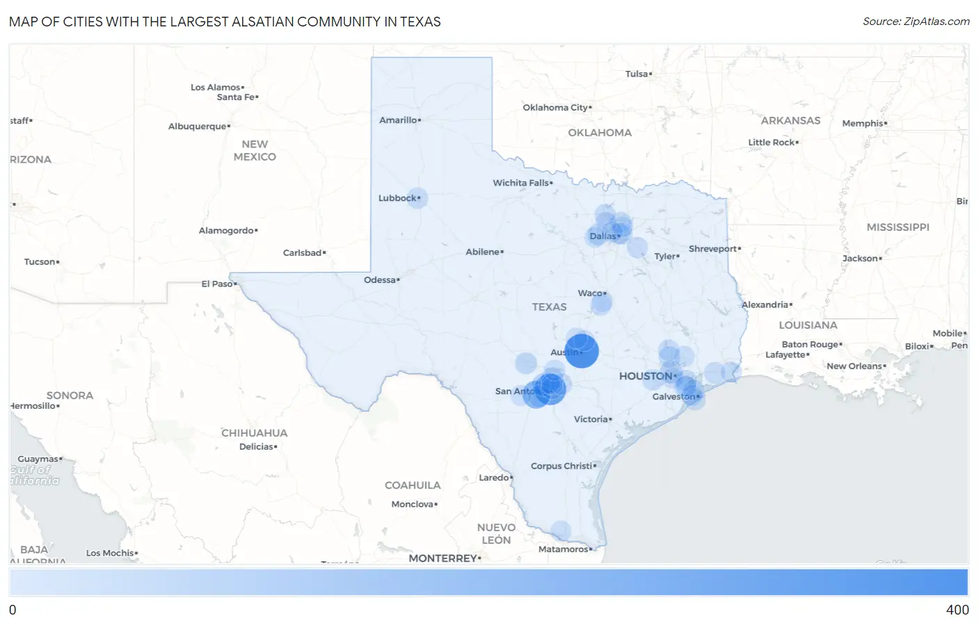 Cities with the Largest Alsatian Community in Texas Map