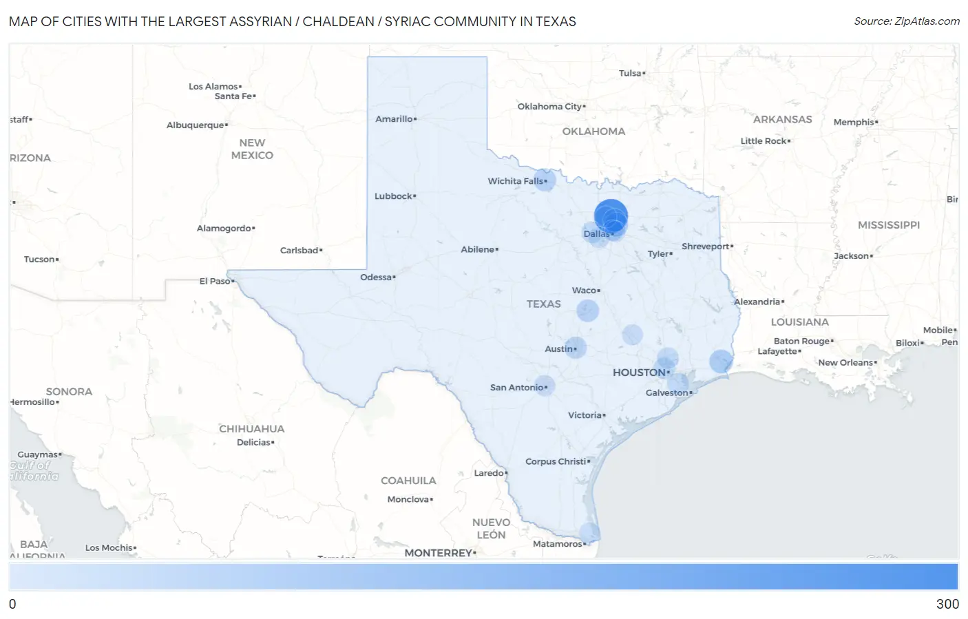 Cities with the Largest Assyrian / Chaldean / Syriac Community in Texas Map
