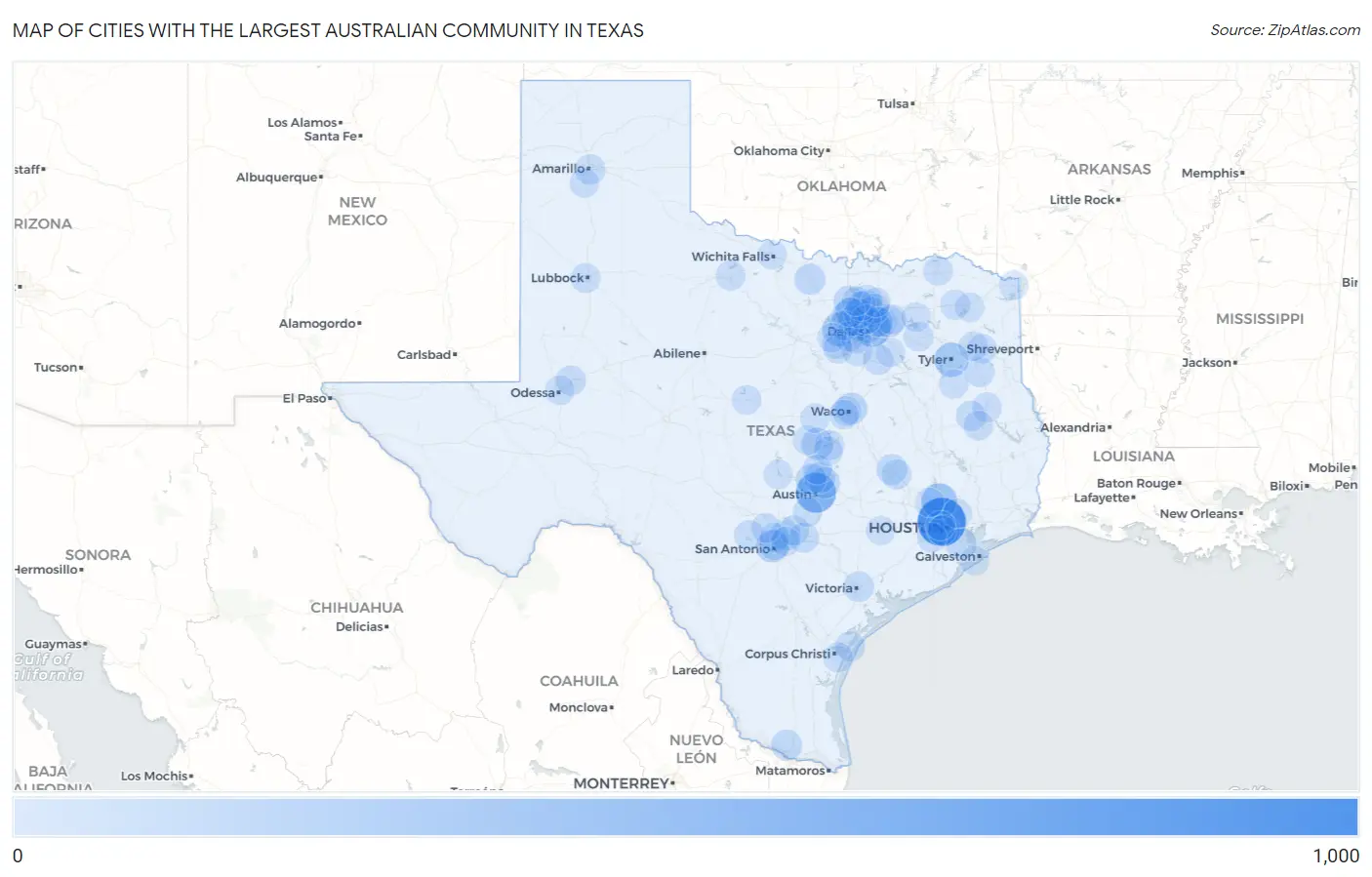 Cities with the Largest Australian Community in Texas Map