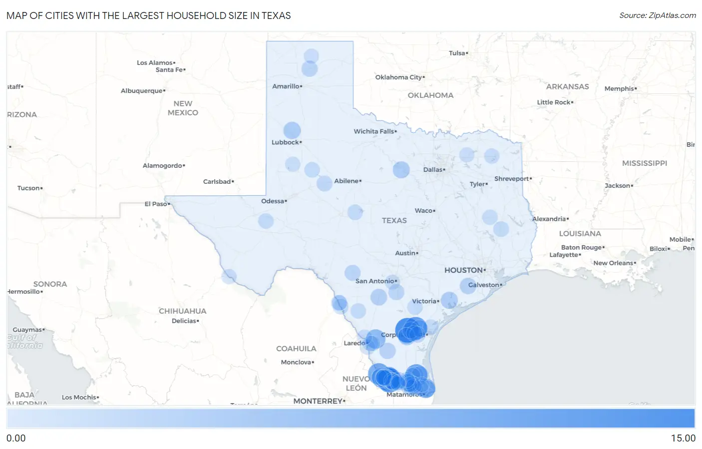 Cities with the Largest Household Size in Texas Map