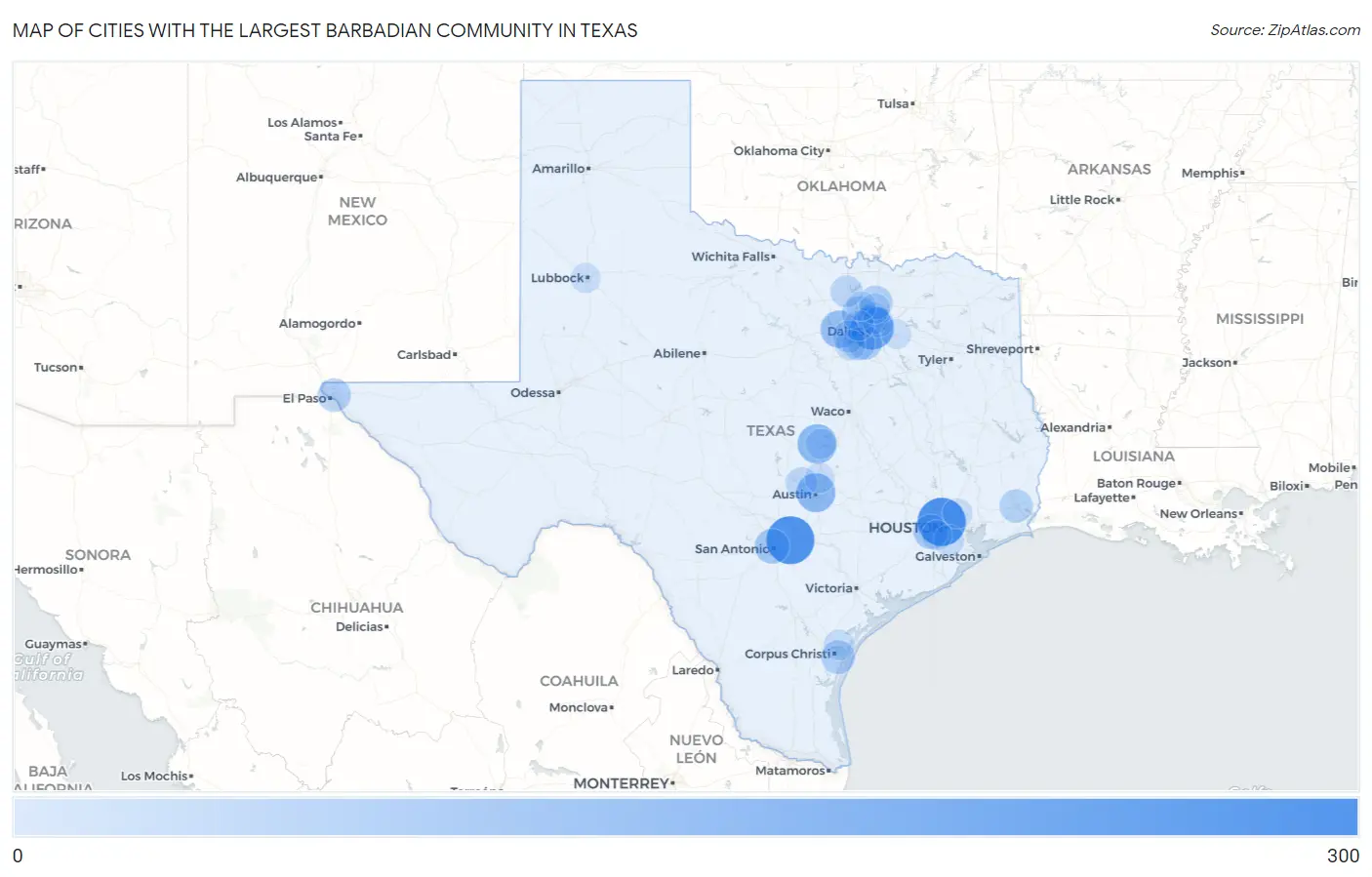 Cities with the Largest Barbadian Community in Texas Map