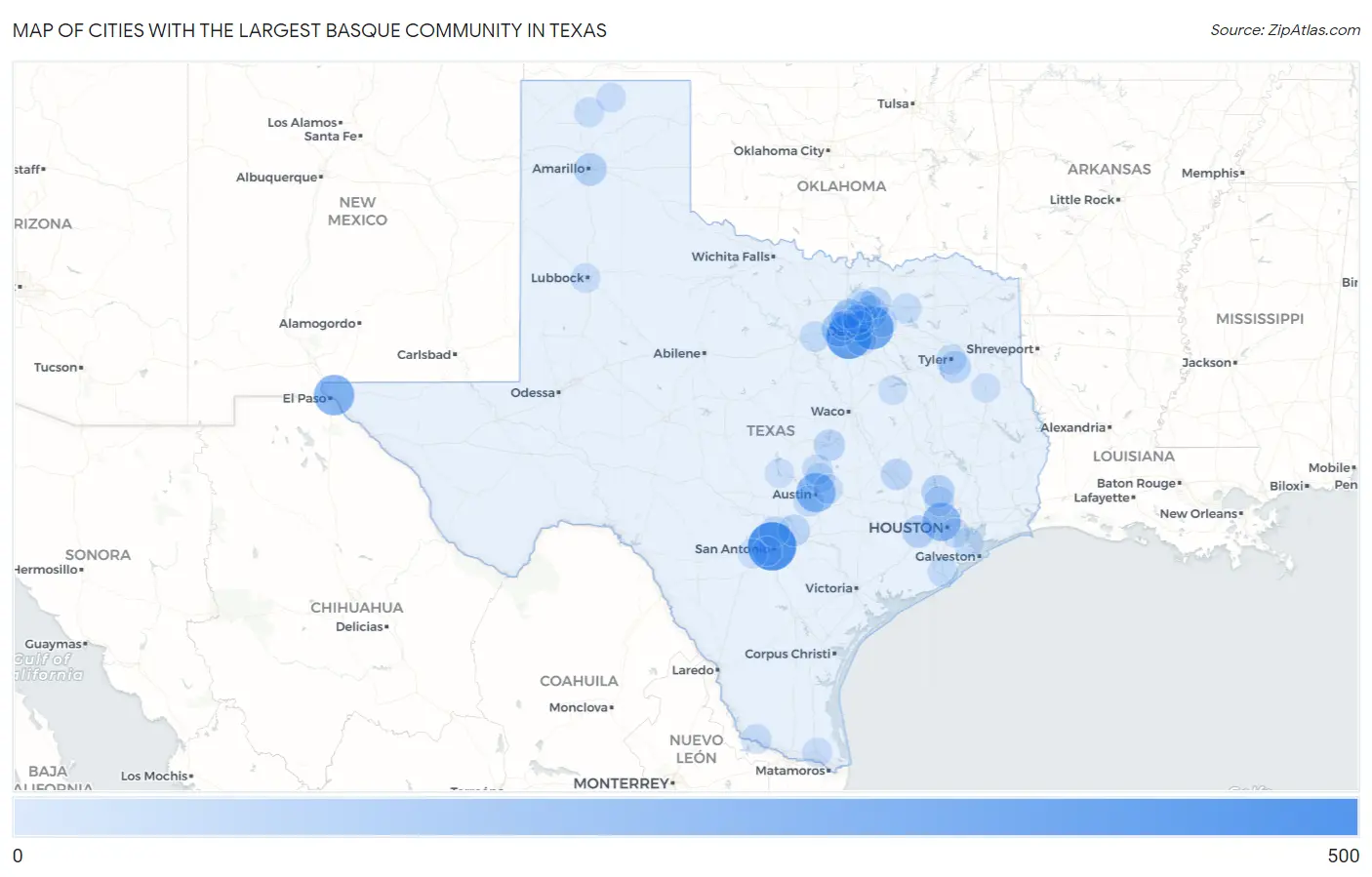 Cities with the Largest Basque Community in Texas Map