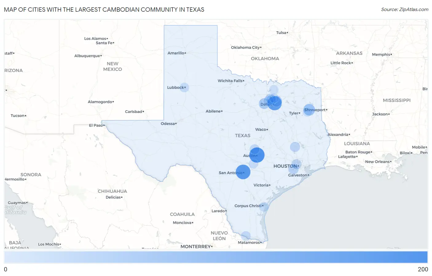 Cities with the Largest Cambodian Community in Texas Map