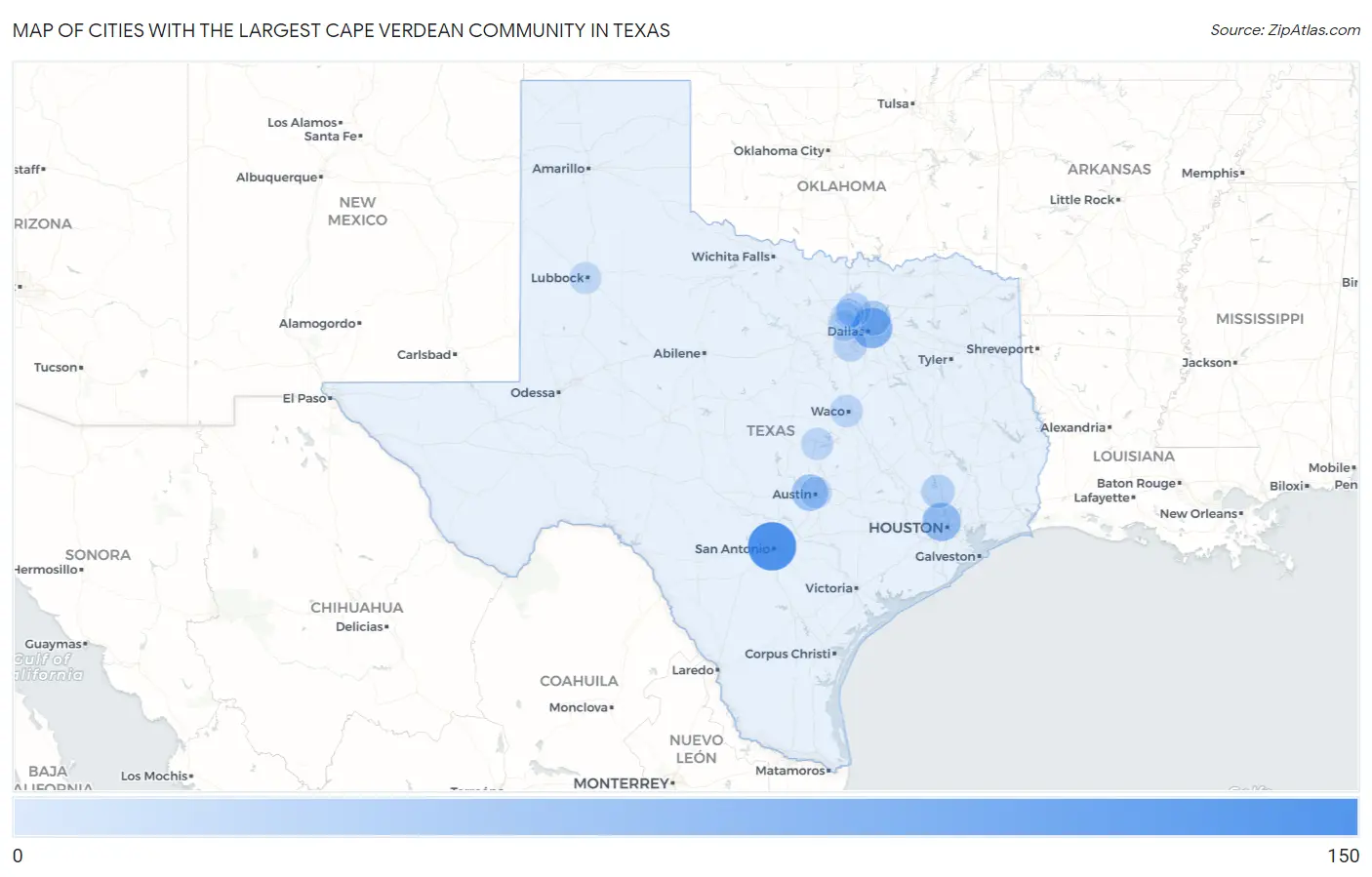 Cities with the Largest Cape Verdean Community in Texas Map