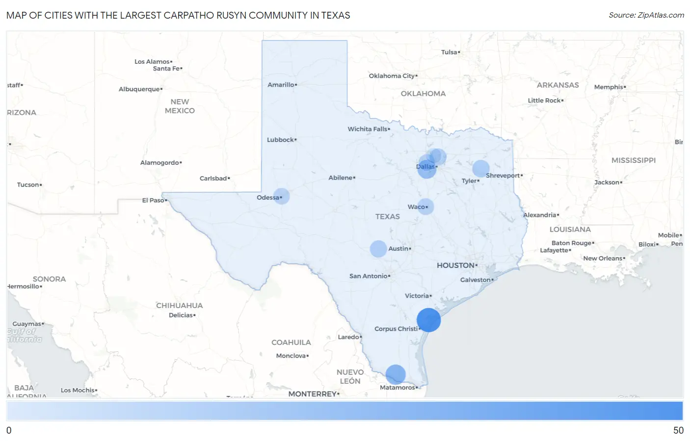 Cities with the Largest Carpatho Rusyn Community in Texas Map