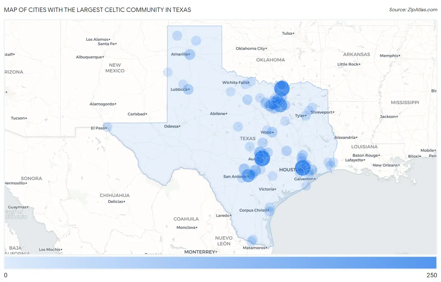 Cities with the Largest Celtic Community in Texas Map