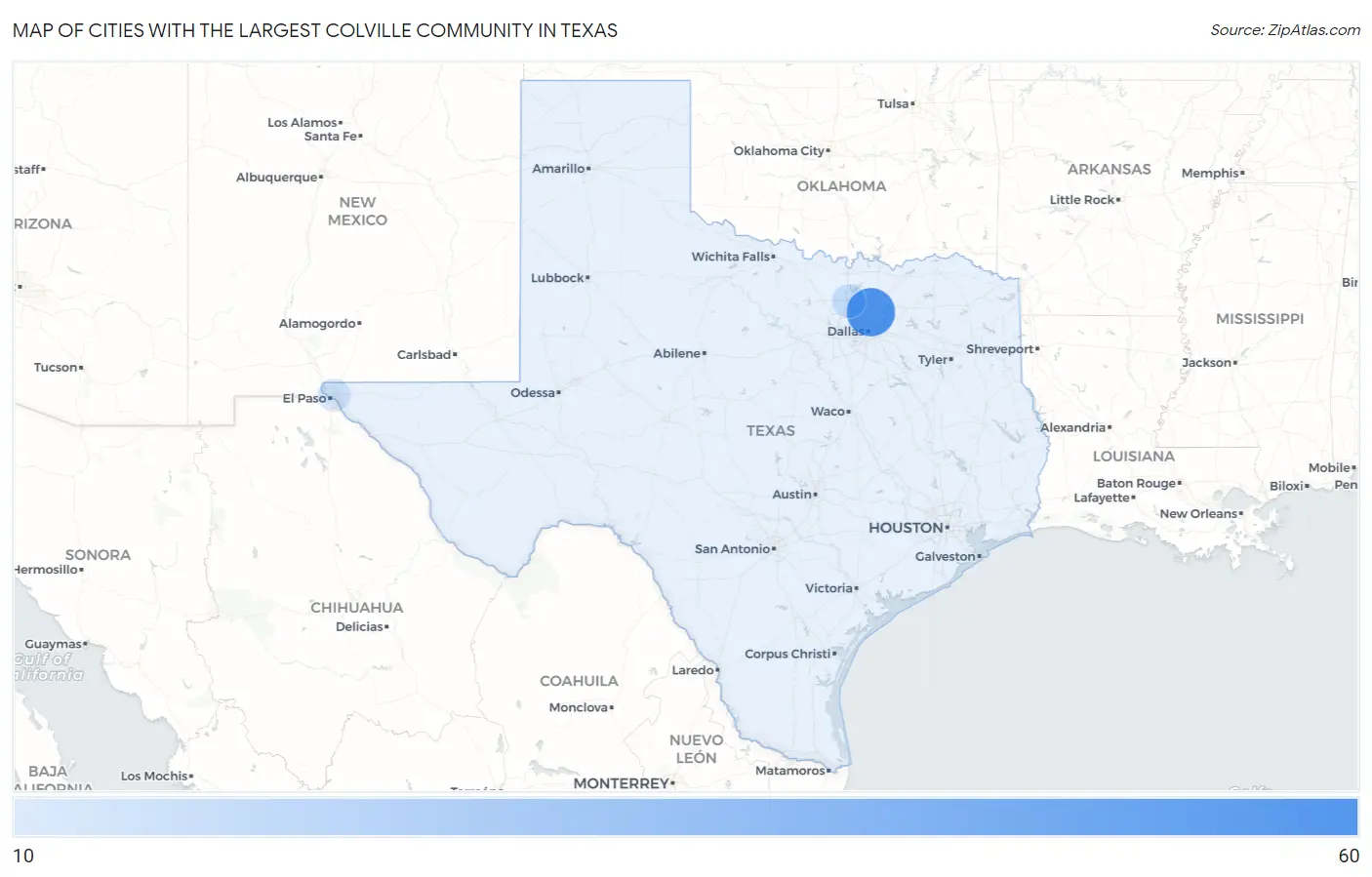 Cities with the Largest Colville Community in Texas Map