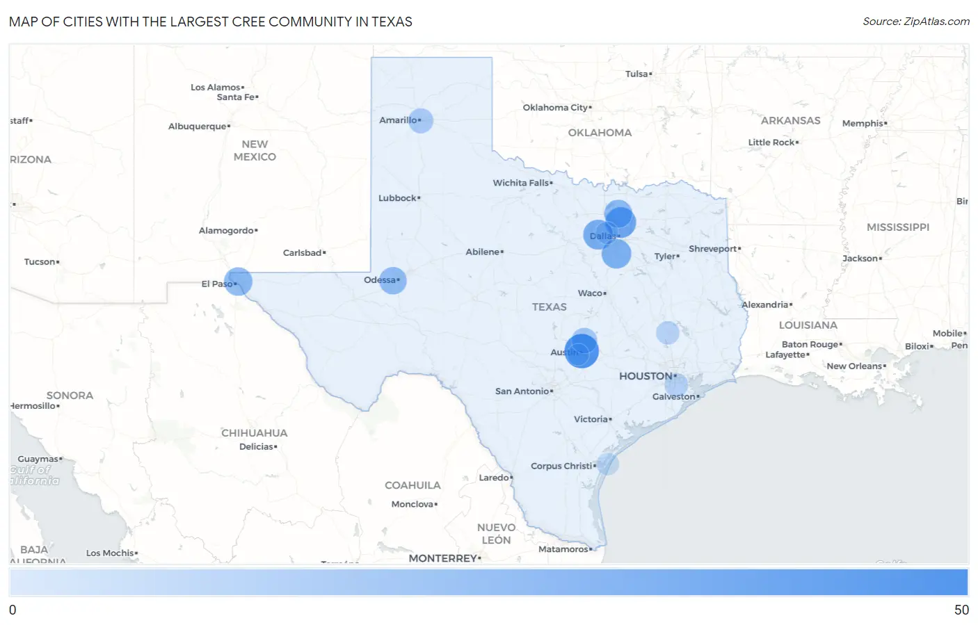 Cities with the Largest Cree Community in Texas Map