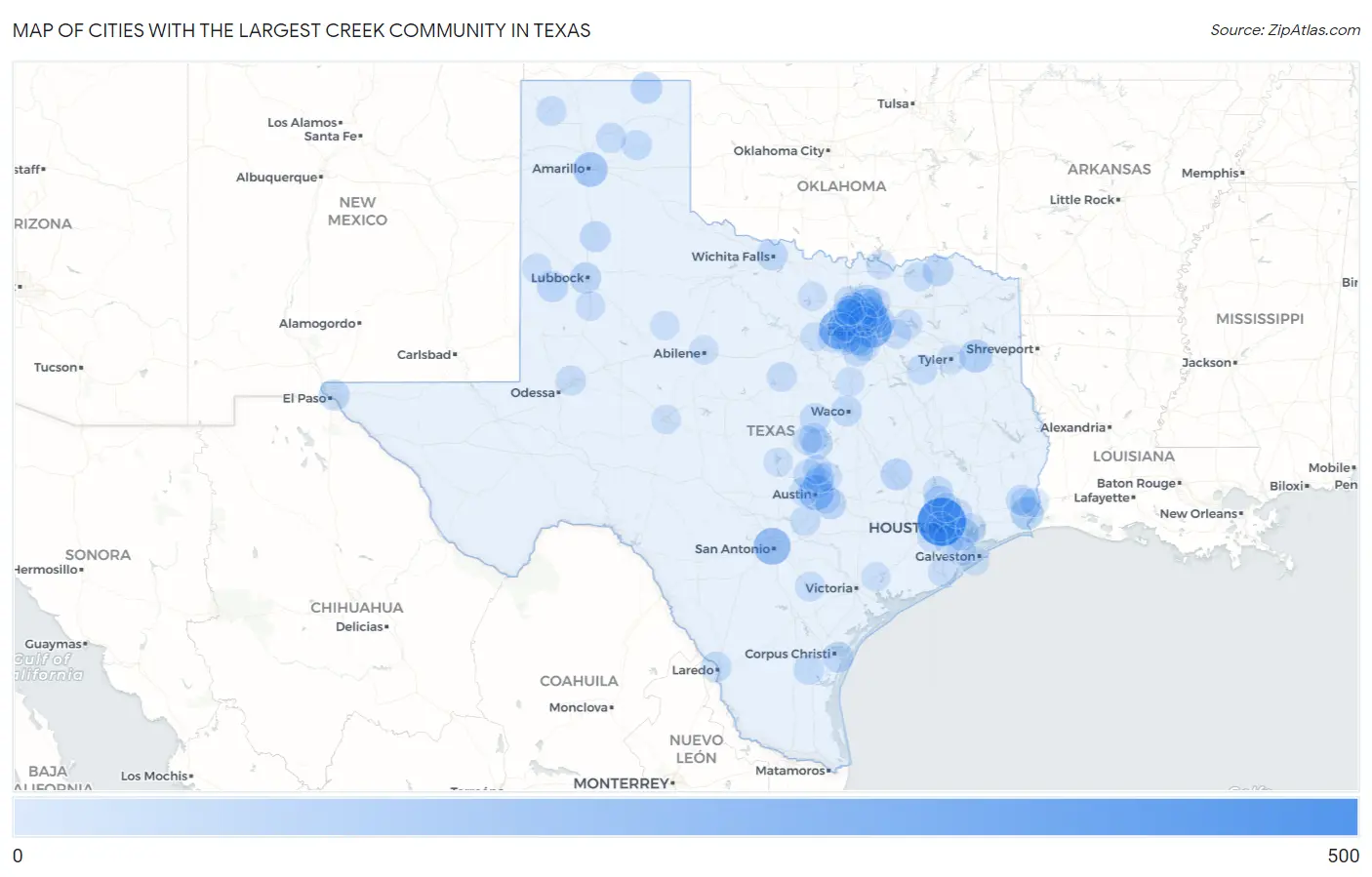 Cities with the Largest Creek Community in Texas Map