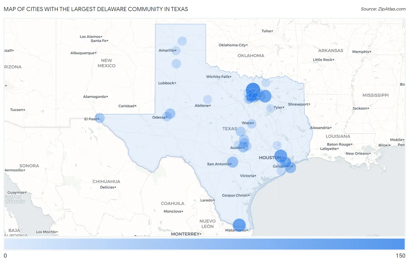 Cities with the Largest Delaware Community in Texas Map