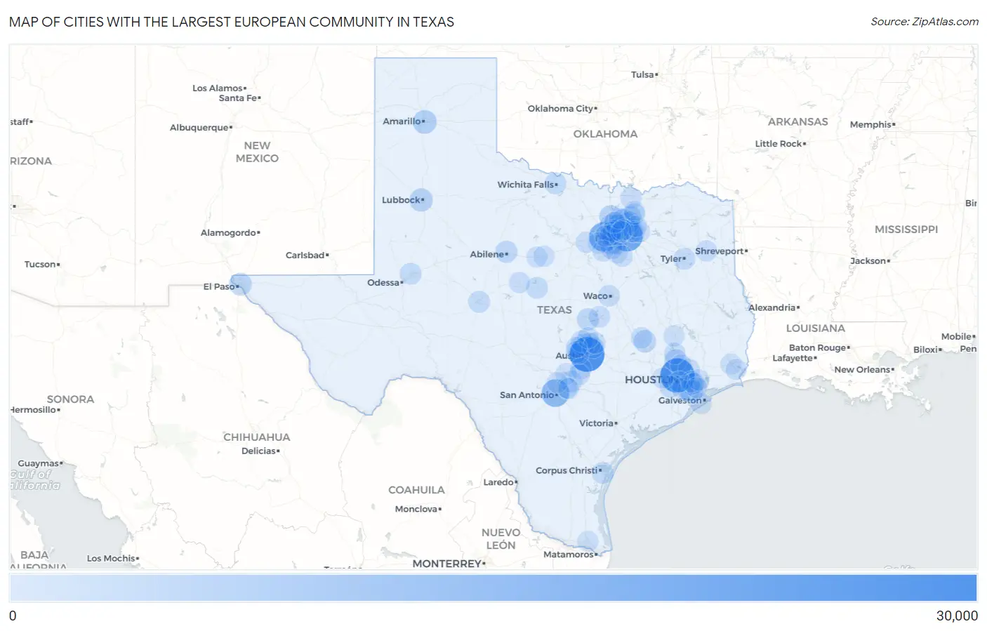Cities with the Largest European Community in Texas Map