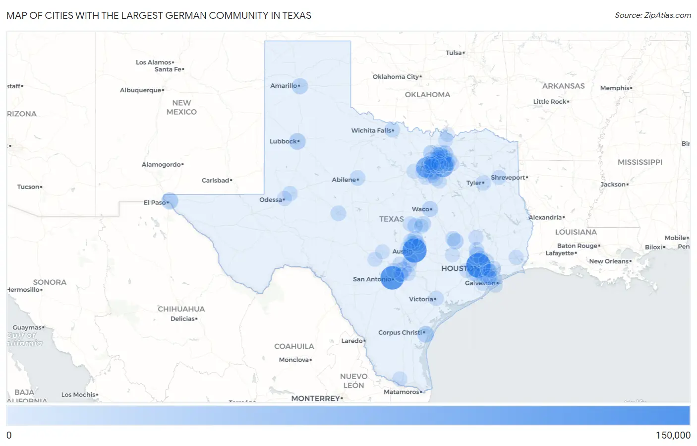 Cities with the Largest German Community in Texas Map