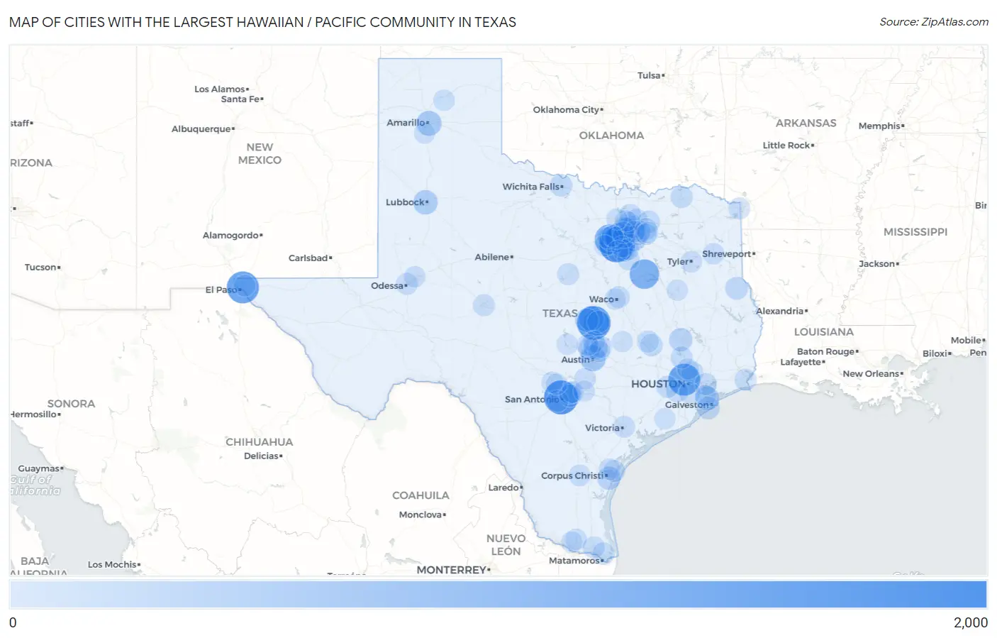 Cities with the Largest Hawaiian / Pacific Community in Texas Map