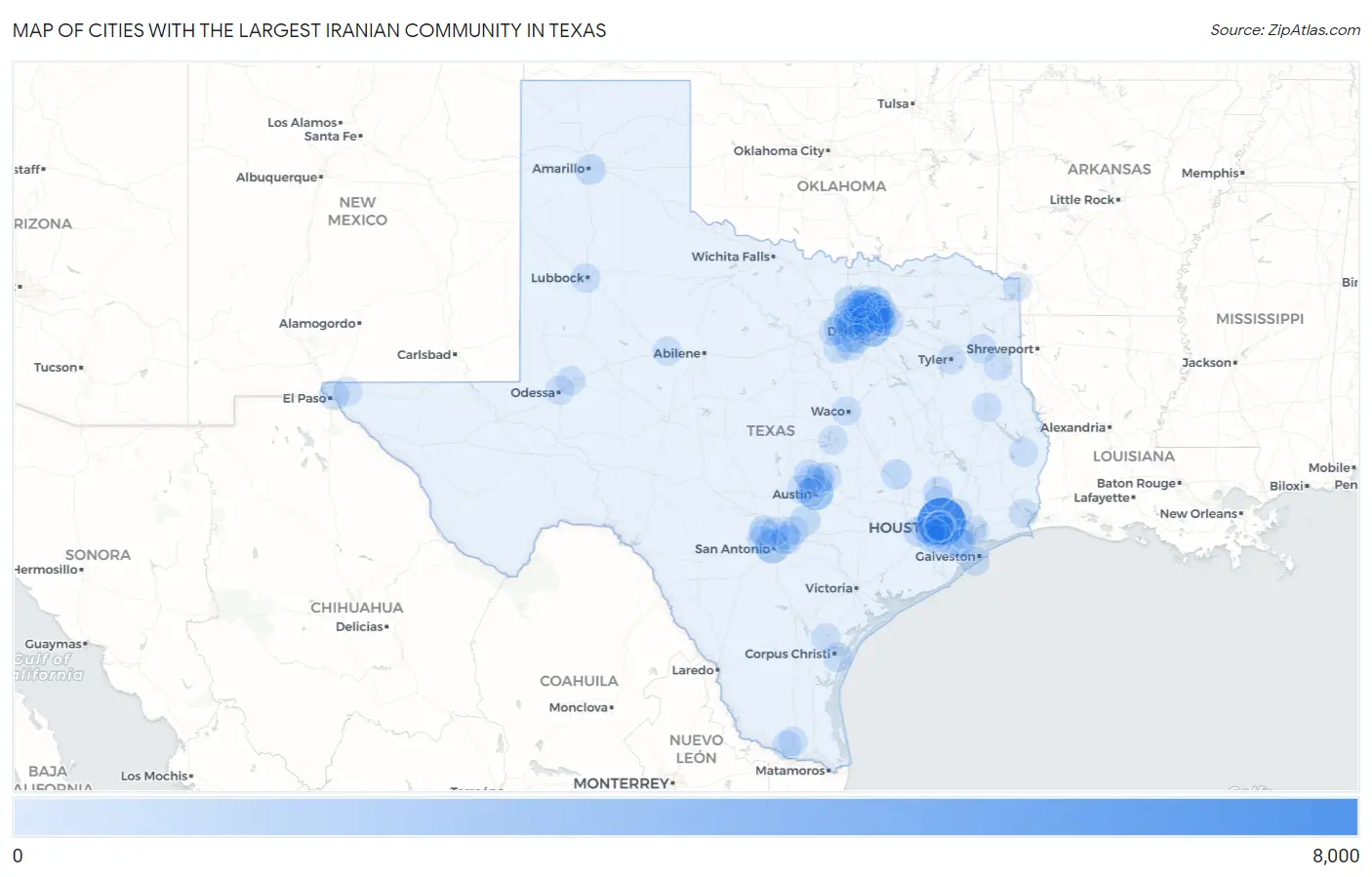 Cities with the Largest Iranian Community in Texas Map