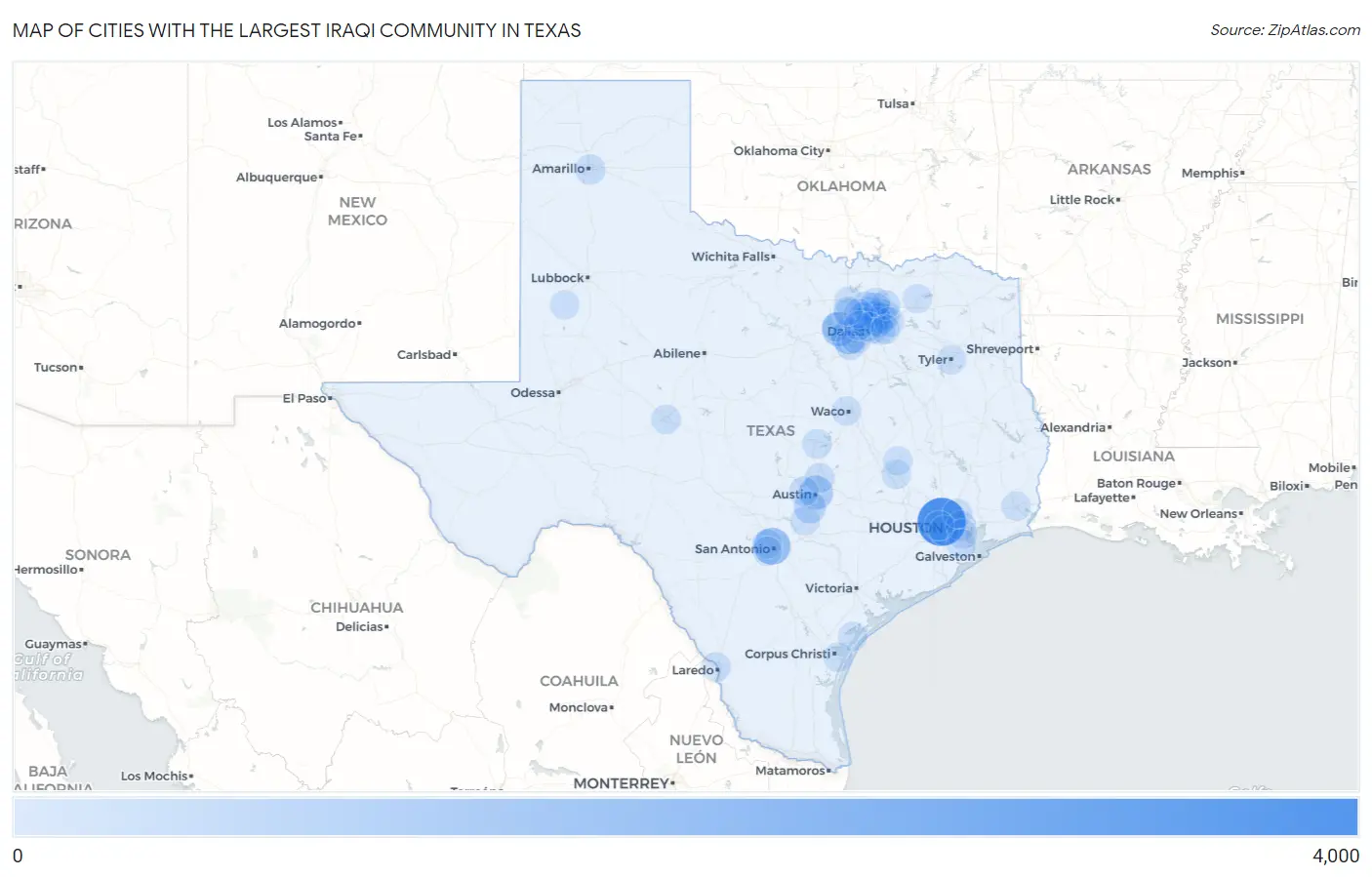 Cities with the Largest Iraqi Community in Texas Map