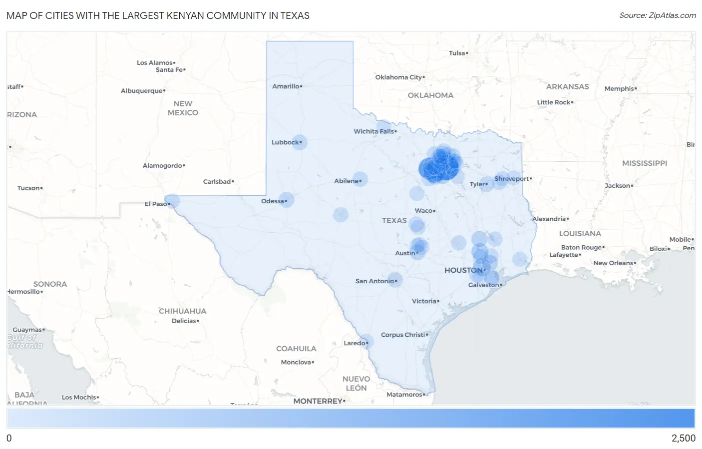 Cities with the Largest Kenyan Community in Texas Map
