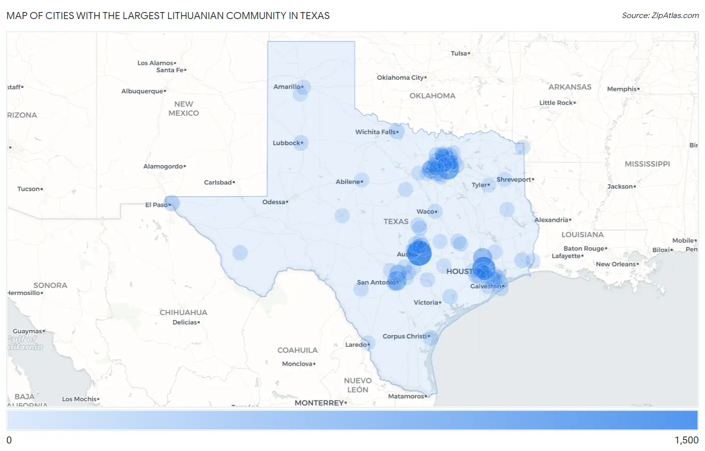 Cities with the Largest Lithuanian Community in Texas Map