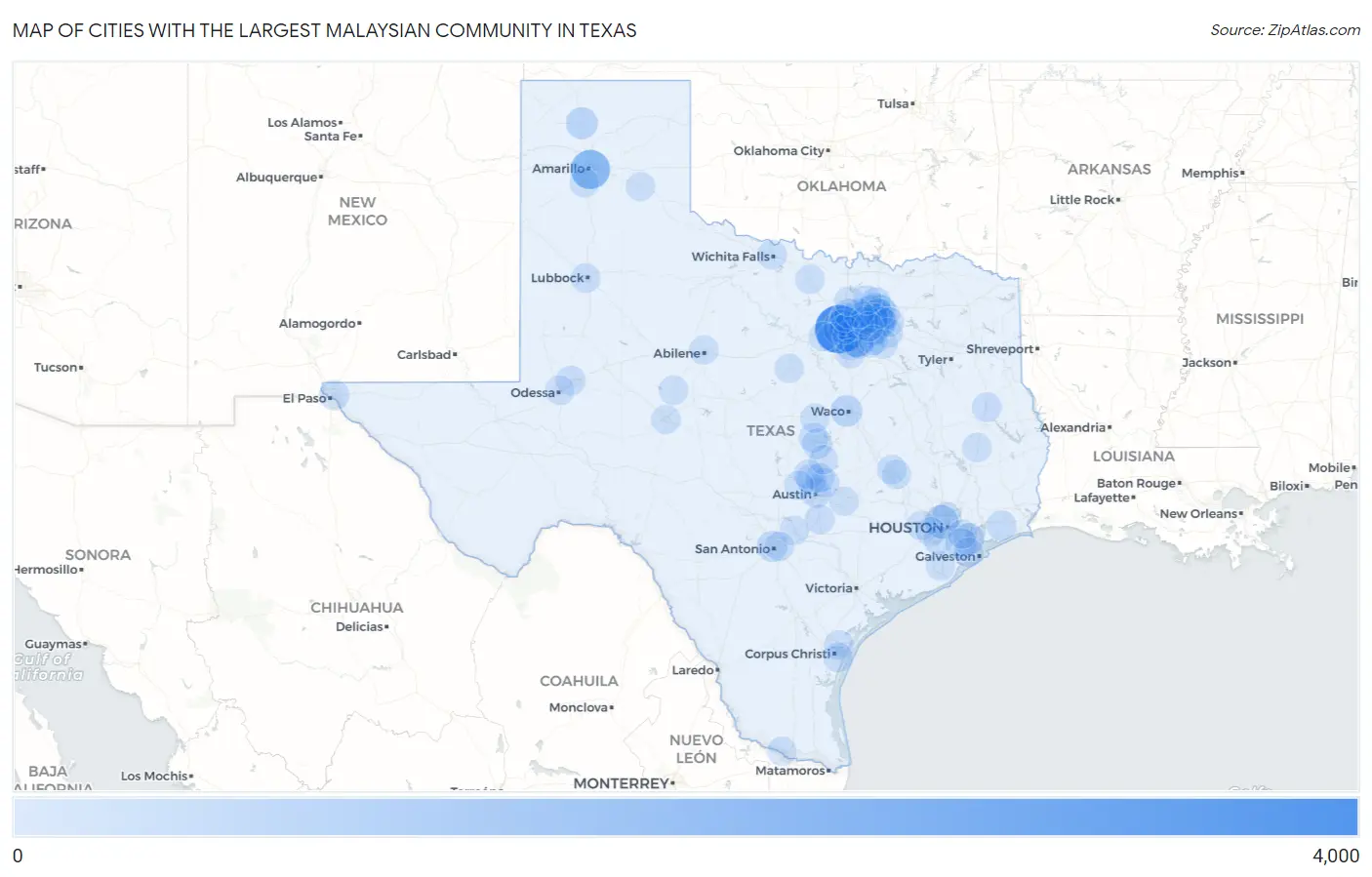 Cities with the Largest Malaysian Community in Texas Map