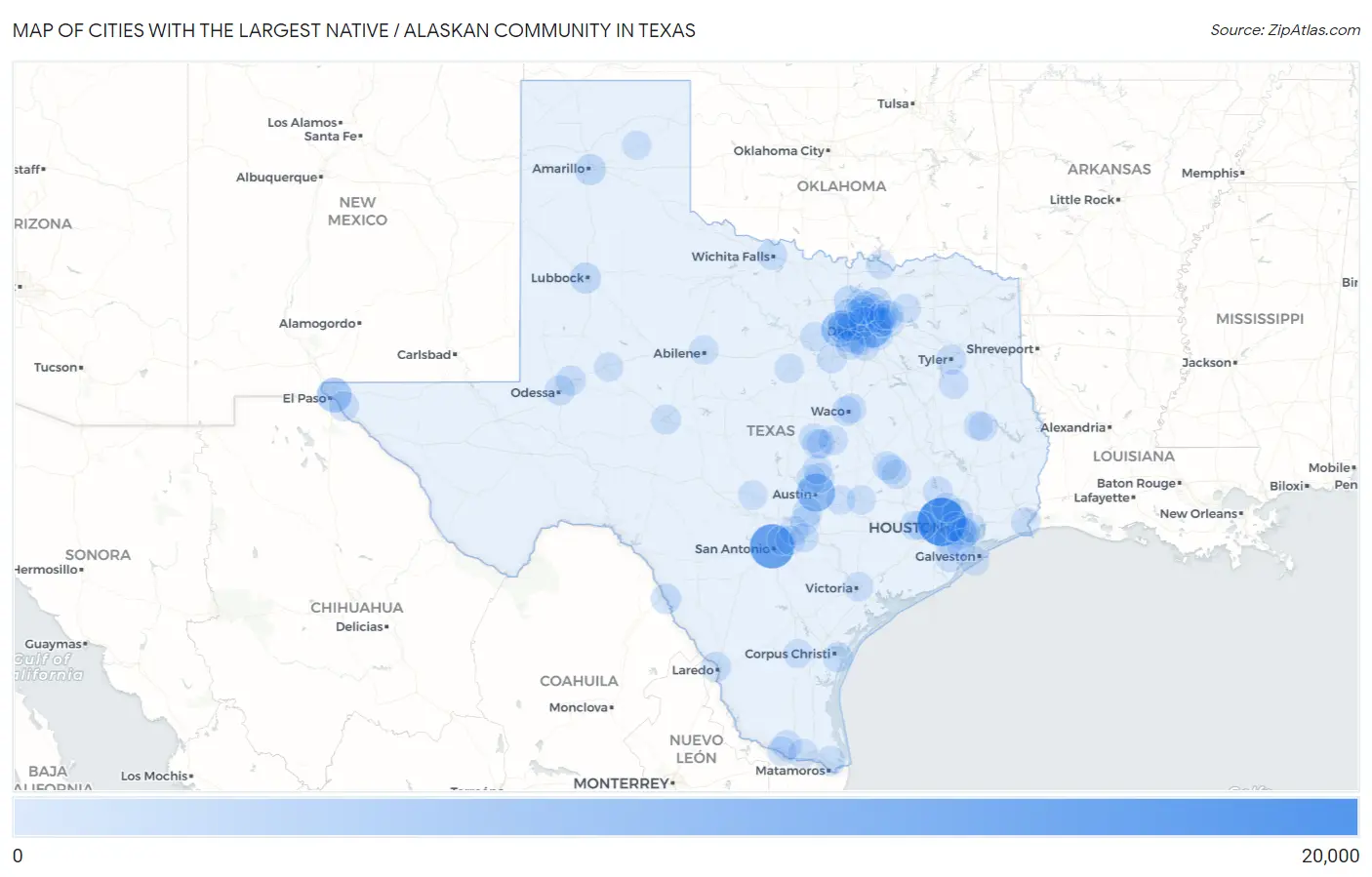 Cities with the Largest Native / Alaskan Community in Texas Map