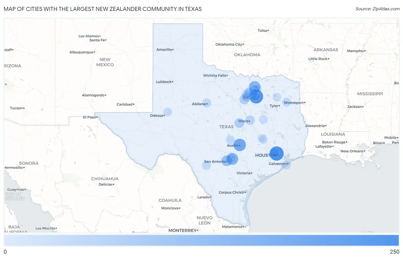 Cities with the Largest New Zealander Community in Texas Map