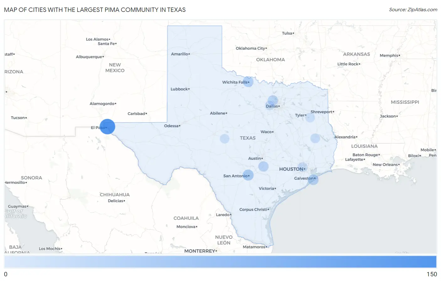 Cities with the Largest Pima Community in Texas Map