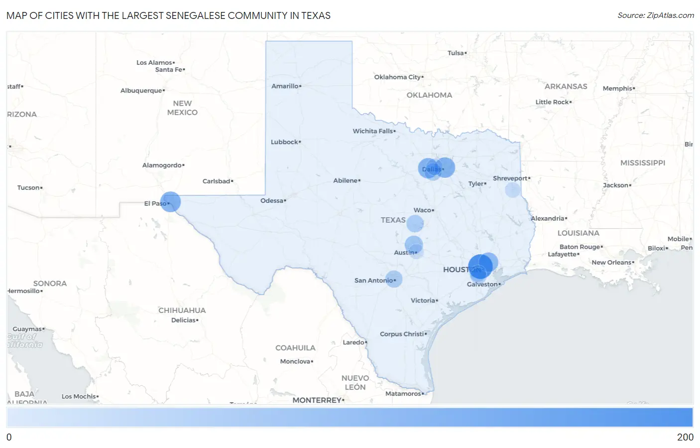 Cities with the Largest Senegalese Community in Texas Map