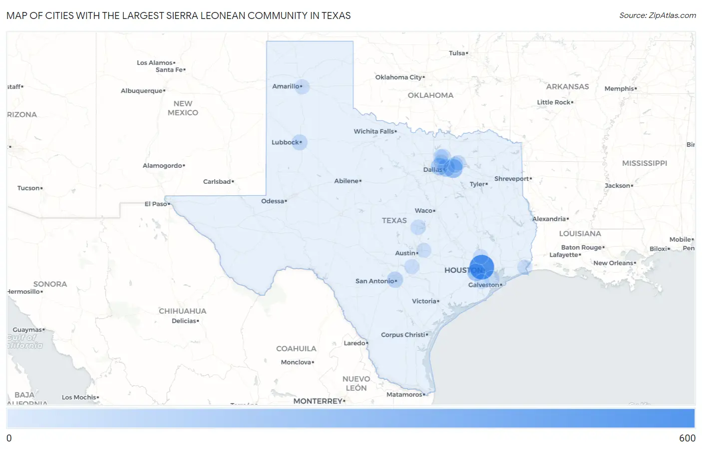 Cities with the Largest Sierra Leonean Community in Texas Map