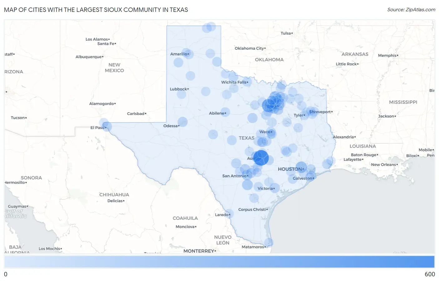 Cities with the Largest Sioux Community in Texas Map