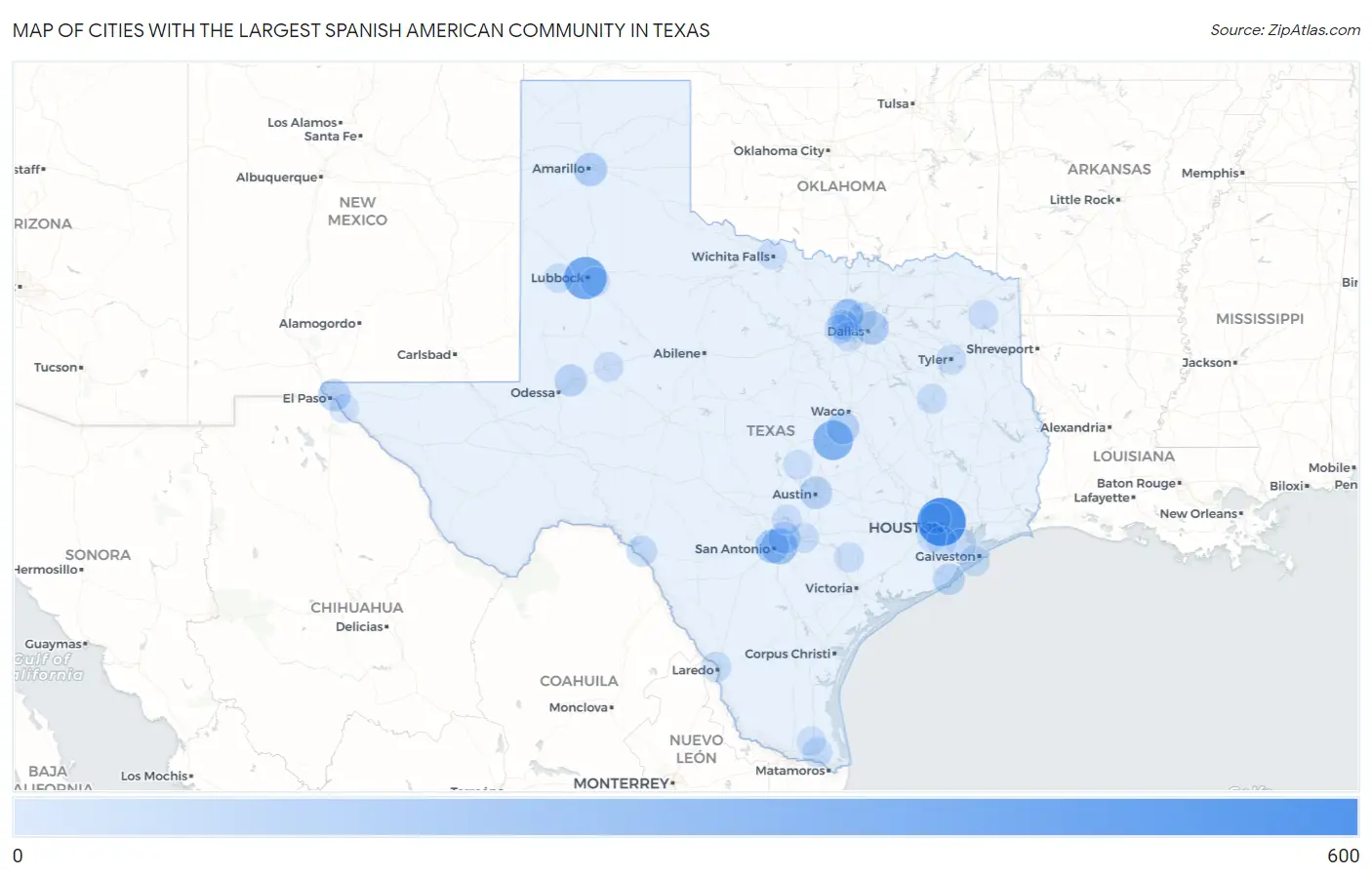 Cities with the Largest Spanish American Community in Texas Map