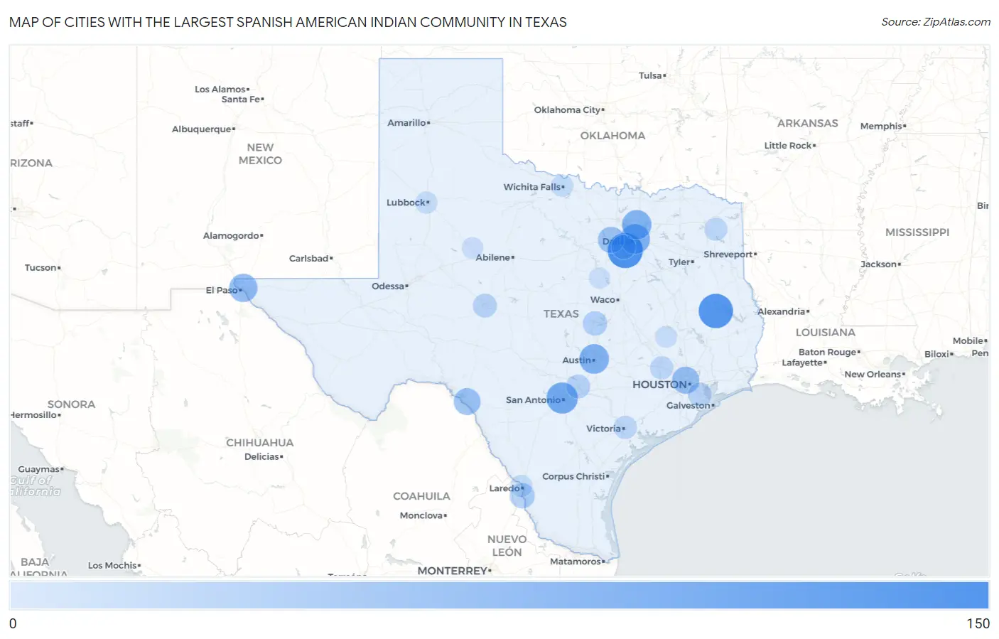 Cities with the Largest Spanish American Indian Community in Texas Map