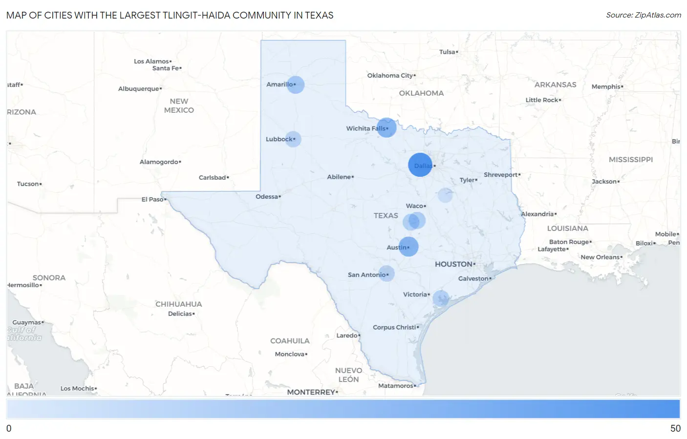 Cities with the Largest Tlingit-Haida Community in Texas Map