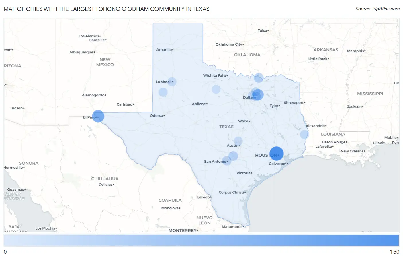 Cities with the Largest Tohono O'Odham Community in Texas Map