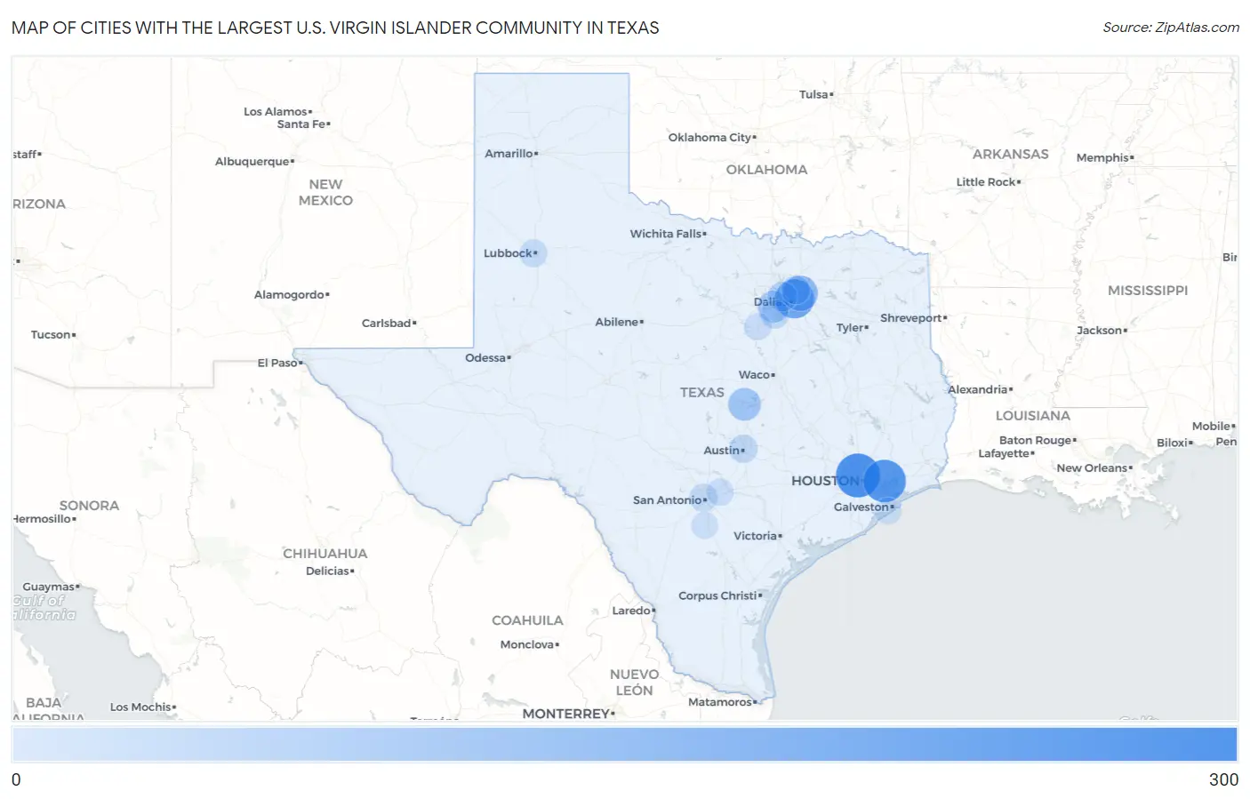 Cities with the Largest U.S. Virgin Islander Community in Texas Map