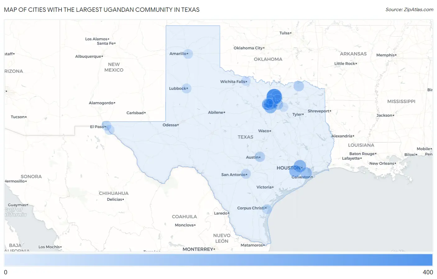 Cities with the Largest Ugandan Community in Texas Map