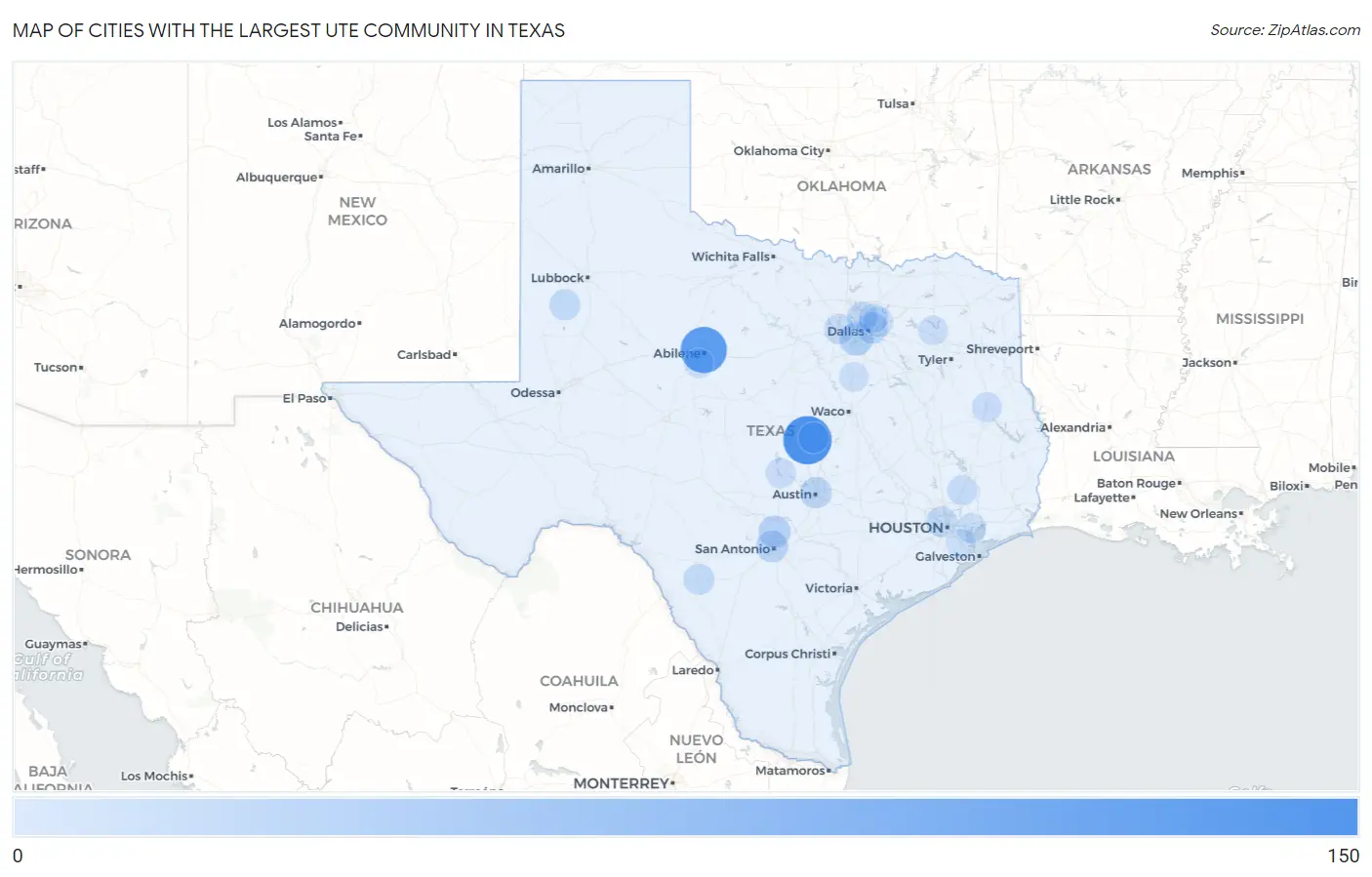 Cities with the Largest Ute Community in Texas Map