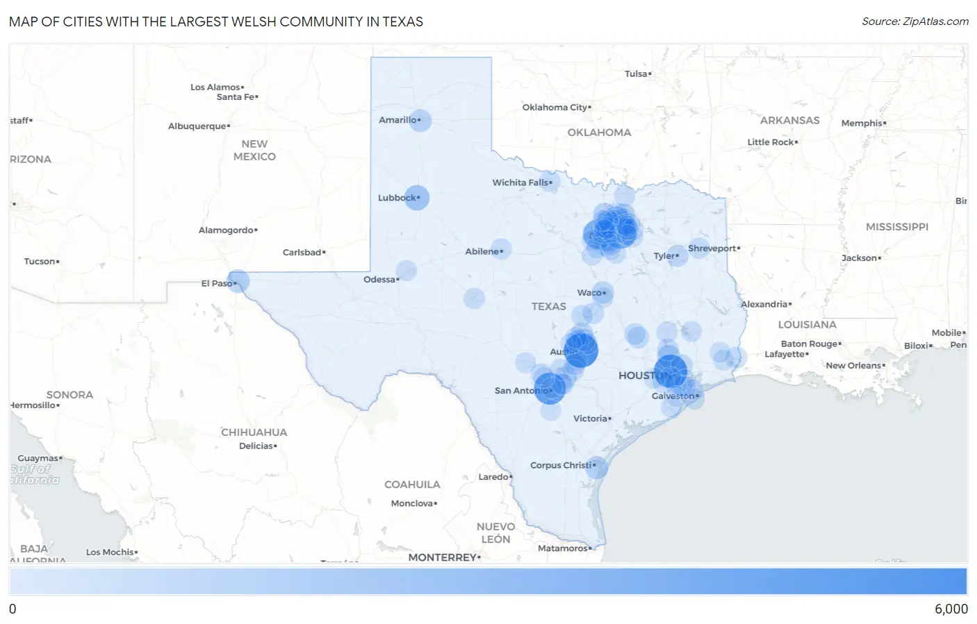 Cities with the Largest Welsh Community in Texas Map