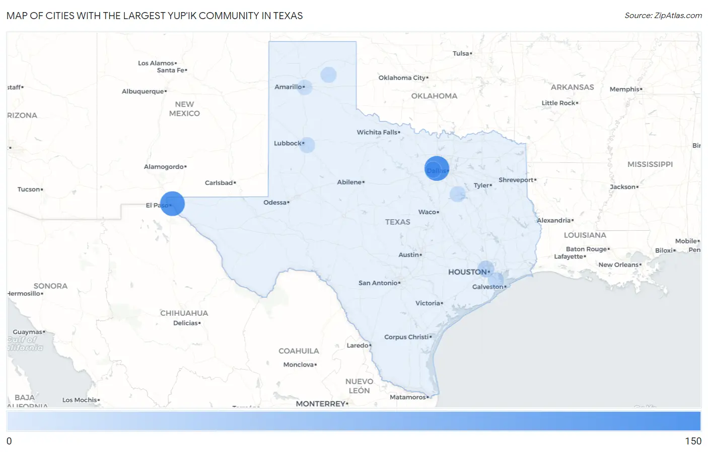 Cities with the Largest Yup'ik Community in Texas Map