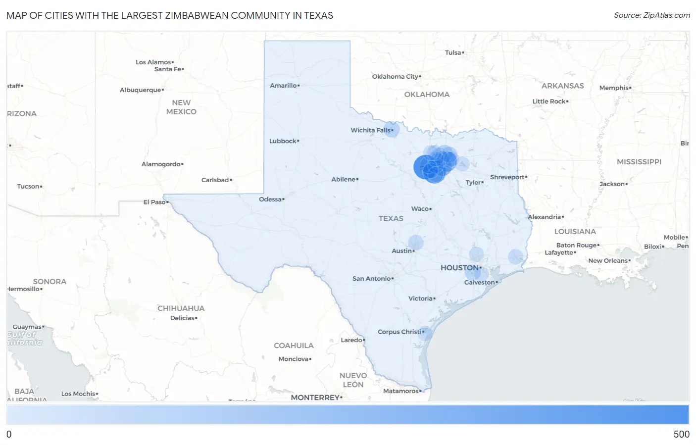 Cities with the Largest Zimbabwean Community in Texas Map