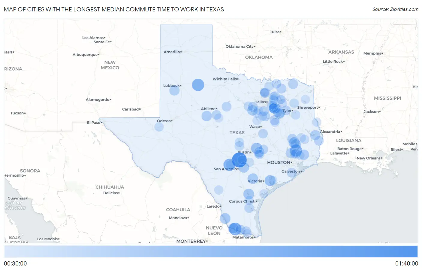 Cities with the Longest Median Commute Time to Work in Texas Map