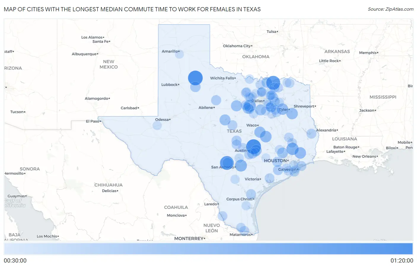Cities with the Longest Median Commute Time to Work for Females in Texas Map