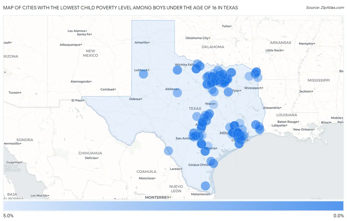 Cities with the Lowest Child Poverty Level Among Boys Under the Age of 16 in Texas Map