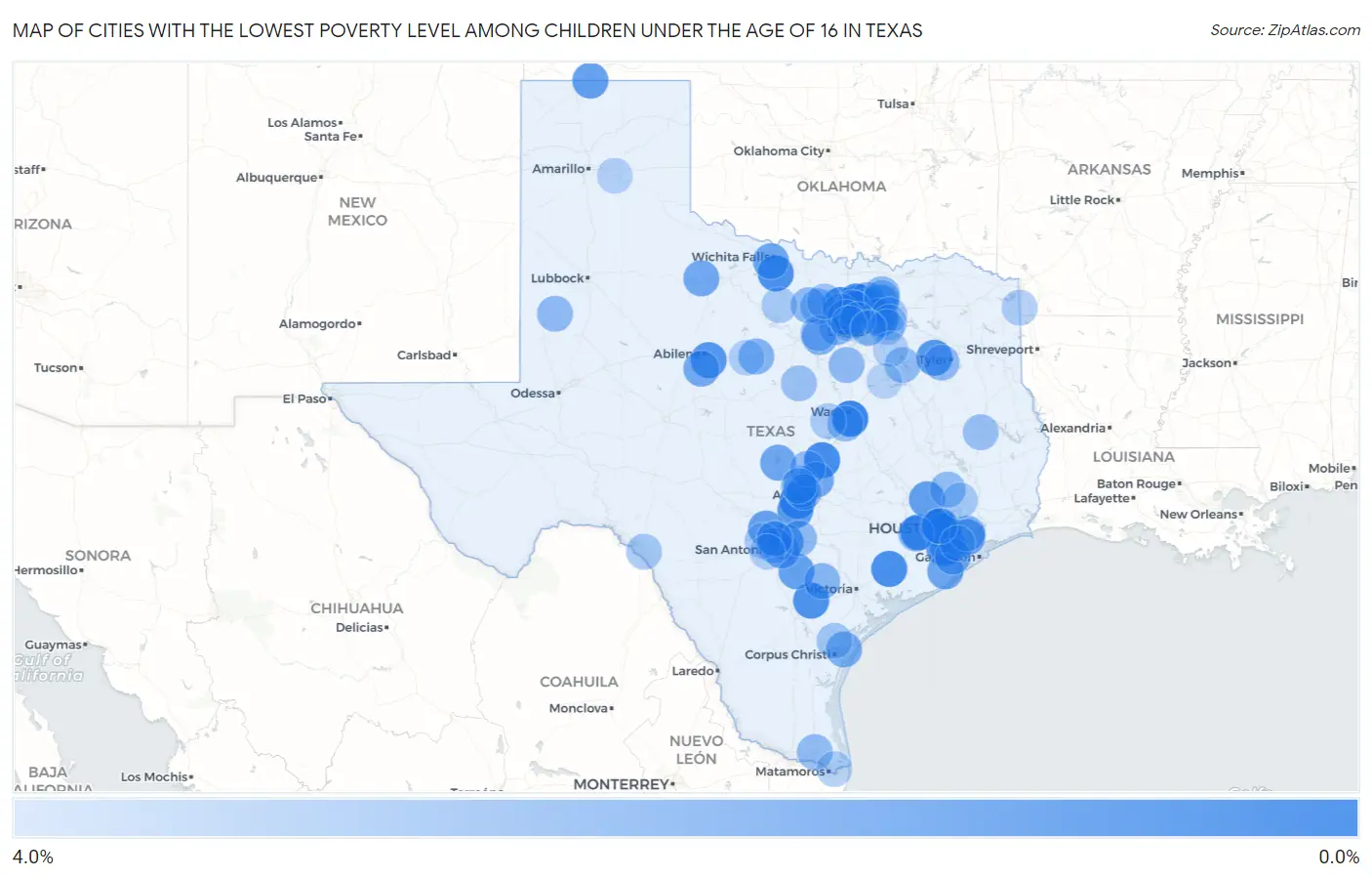 Cities with the Lowest Poverty Level Among Children Under the Age of 16 in Texas Map