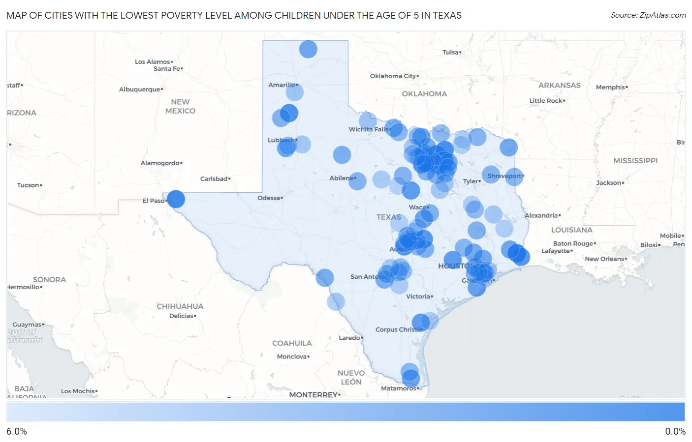 Cities with the Lowest Poverty Level Among Children Under the Age of 5 in Texas Map