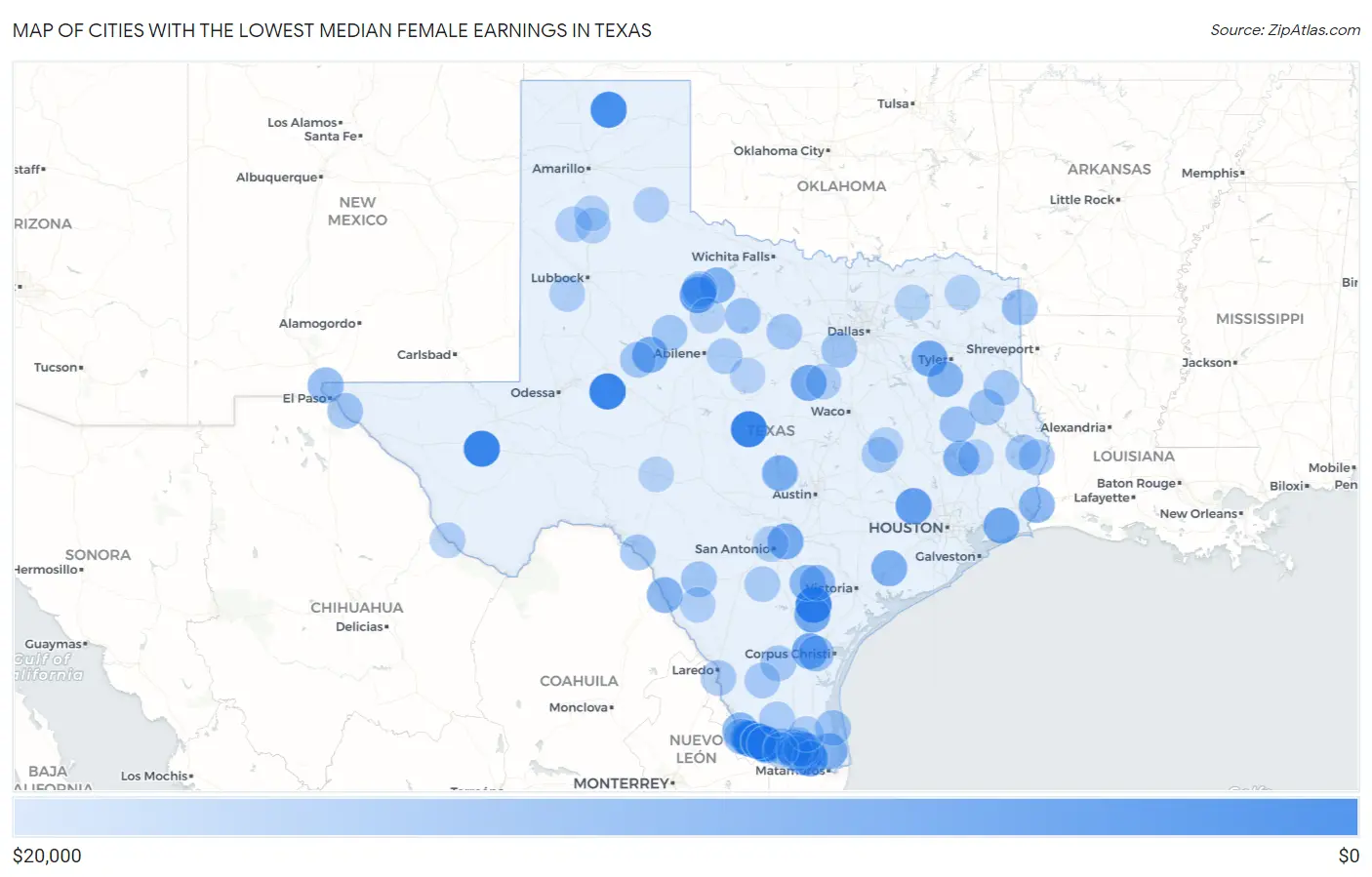 Cities with the Lowest Median Female Earnings in Texas Map