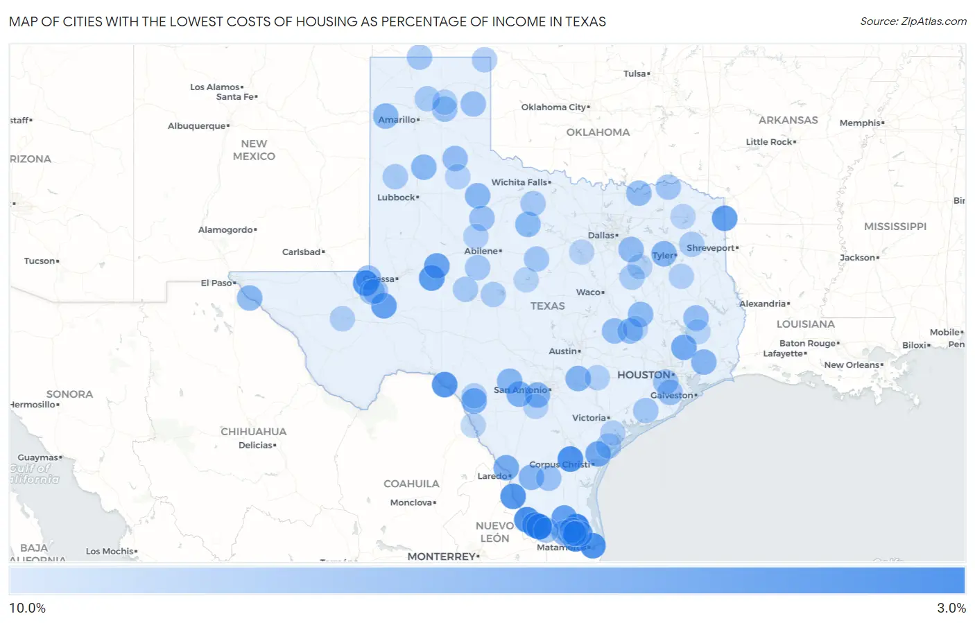 Cities with the Lowest Costs of Housing as Percentage of Income in Texas Map
