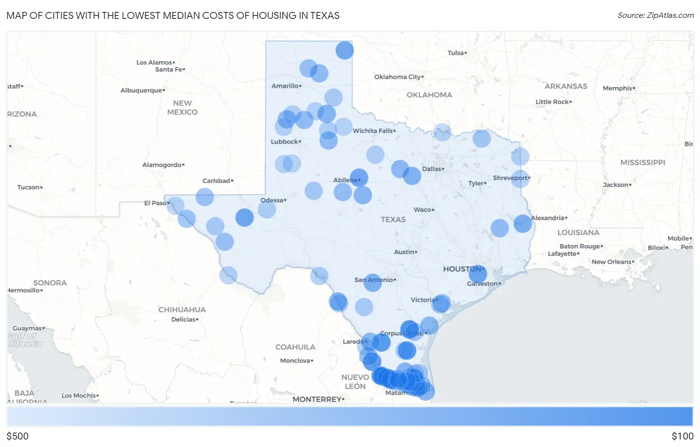 Cities with the Lowest Median Costs of Housing in Texas Map