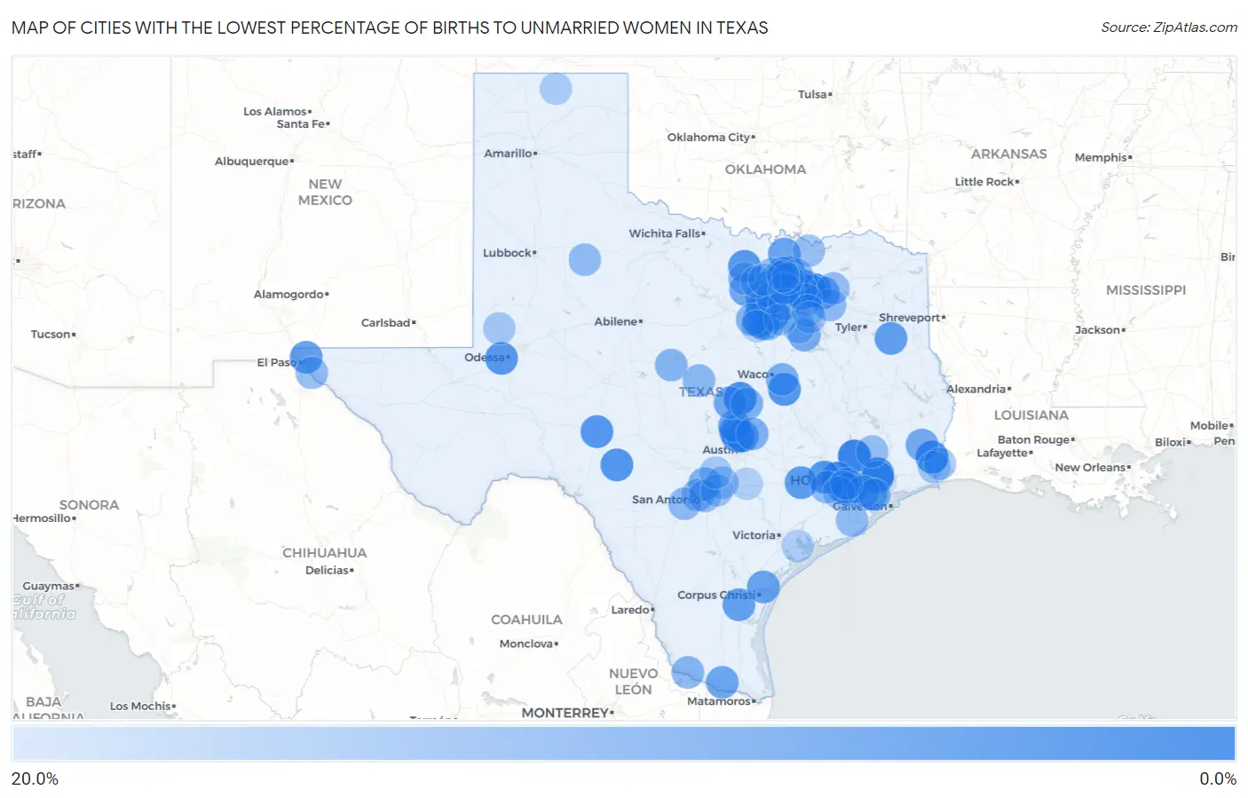 Cities with the Lowest Percentage of Births to Unmarried Women in Texas Map