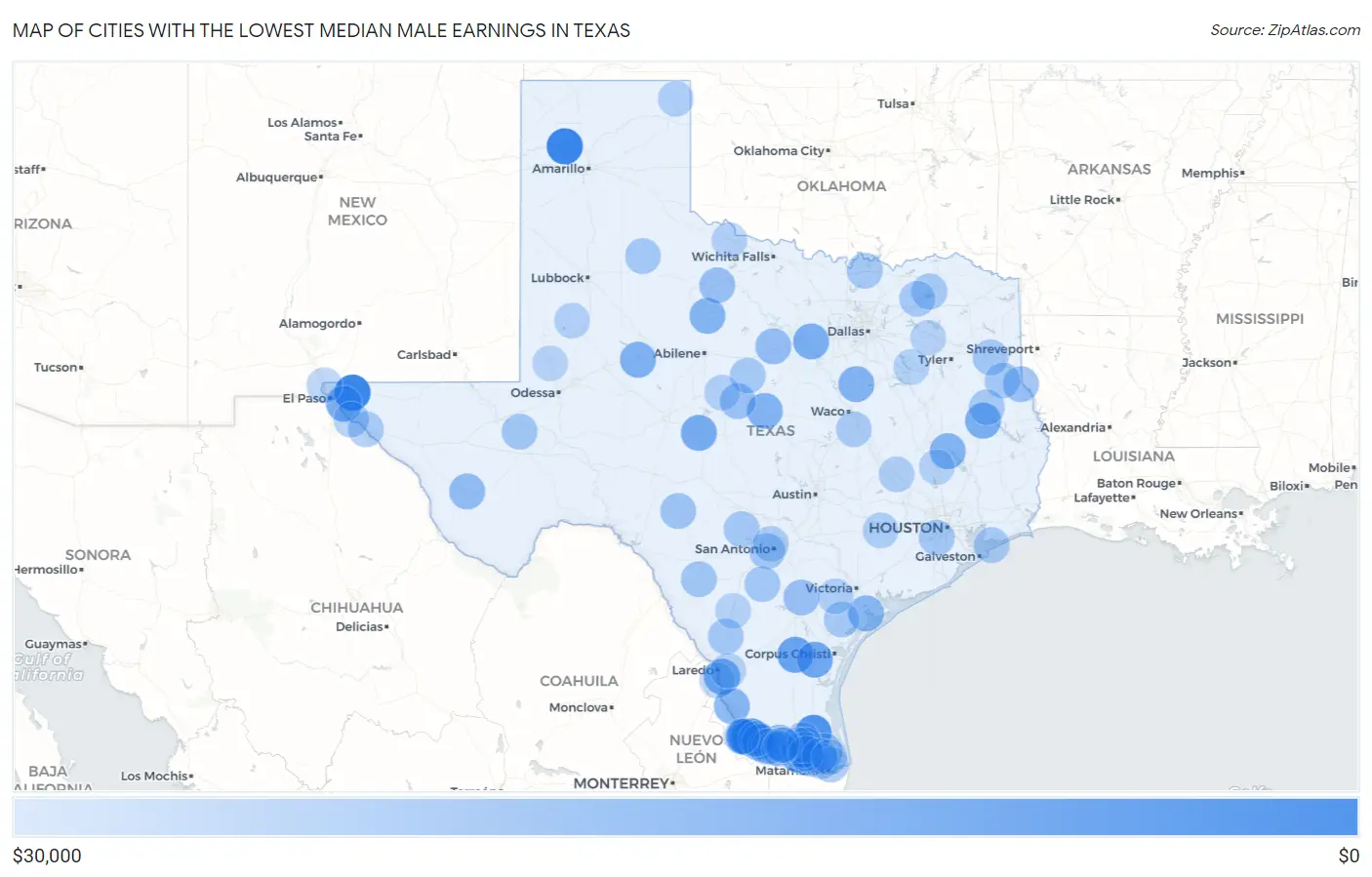 Cities with the Lowest Median Male Earnings in Texas Map